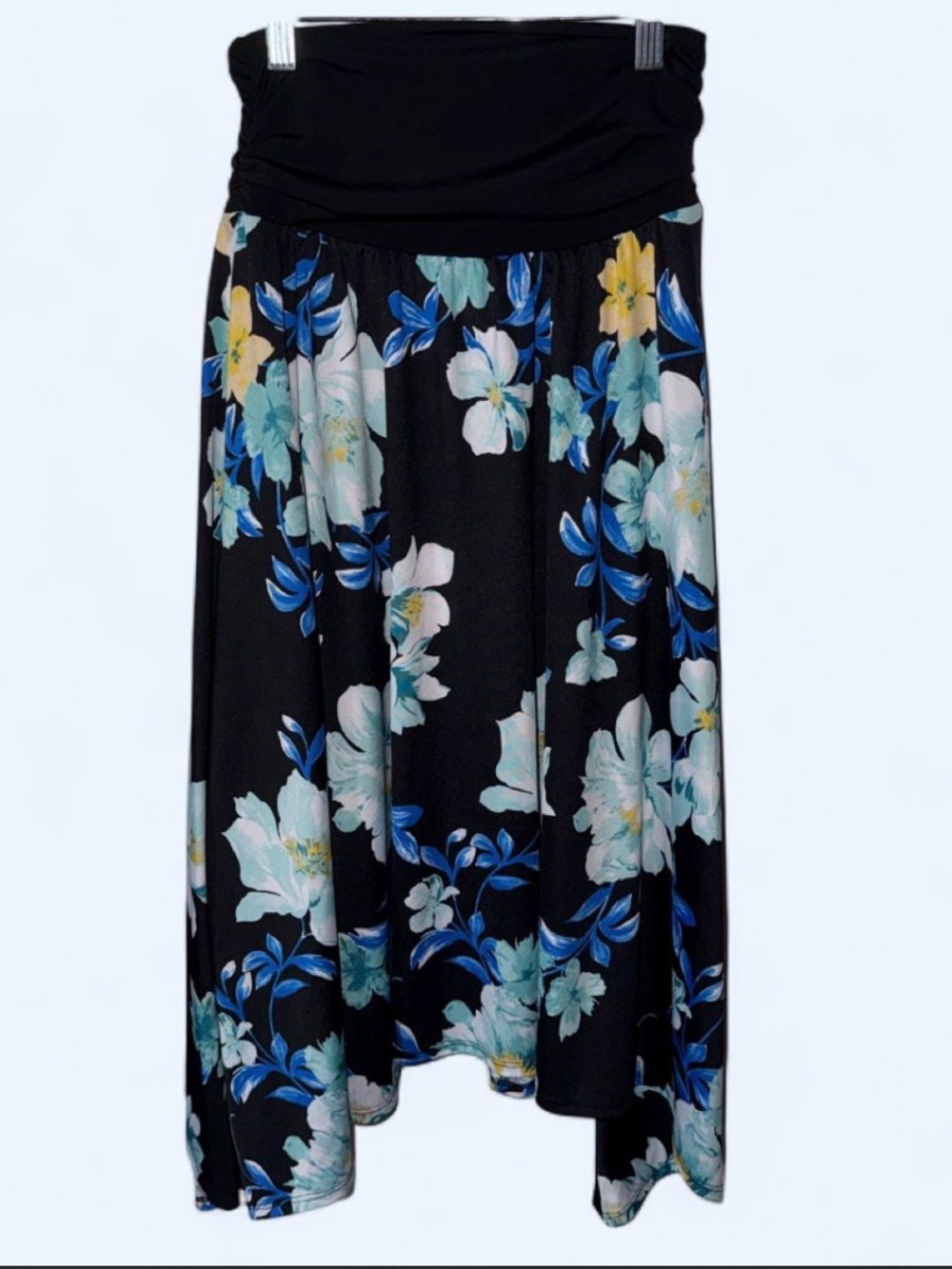 Apt. 9 Black High-Low Skirt with Blue, White & Yellow Floral Print